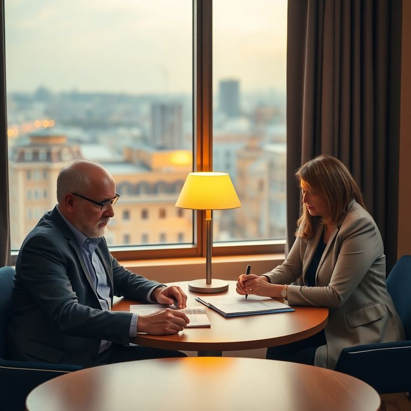 Consultant senior și client analizând documente într-un birou luminat cald